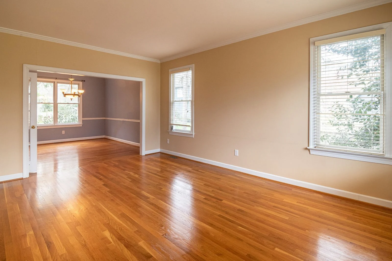 Bright room with a glossy honey toned hardwood floor